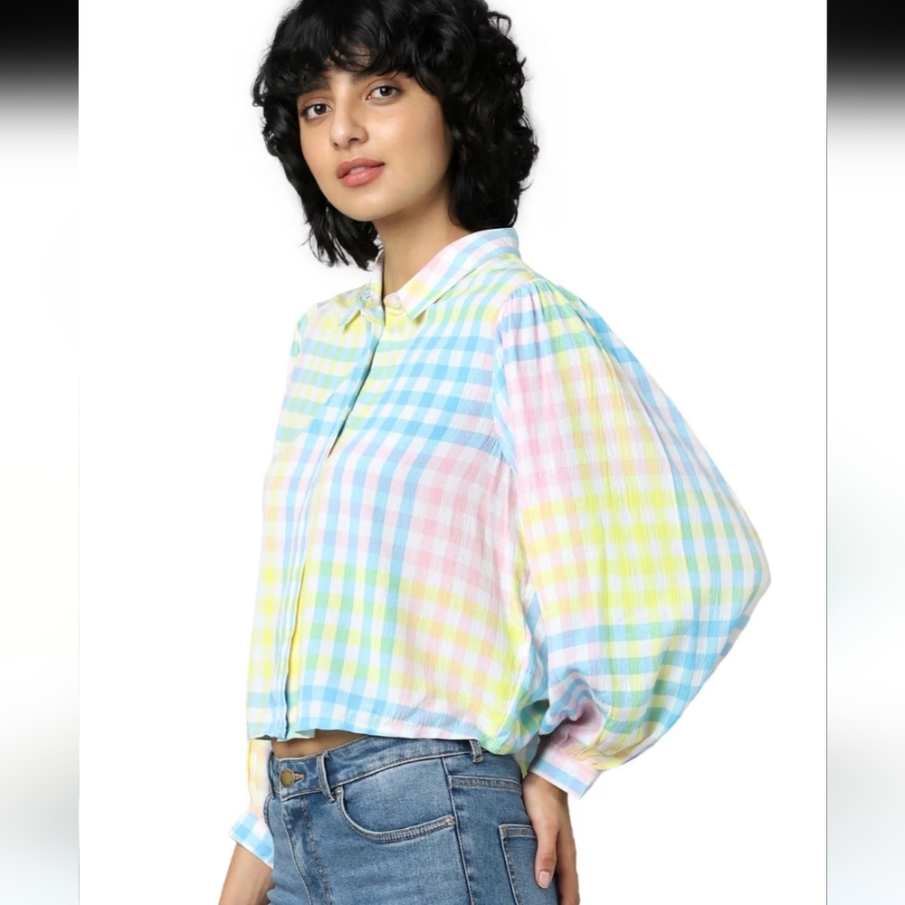 ONLY Vision Button-down Colorful Plaid Crop Top Size S